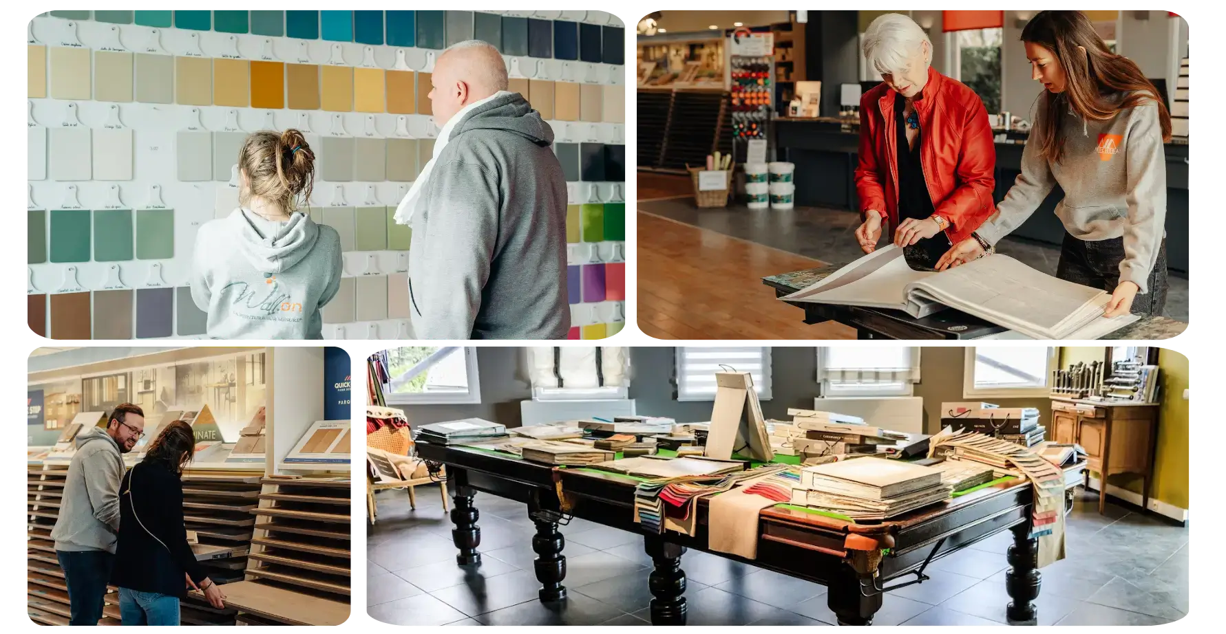 Illustrations des services proposé par Prochibat : conseils couleurs, papiers peints, stores et rideaux, sols et vinyle