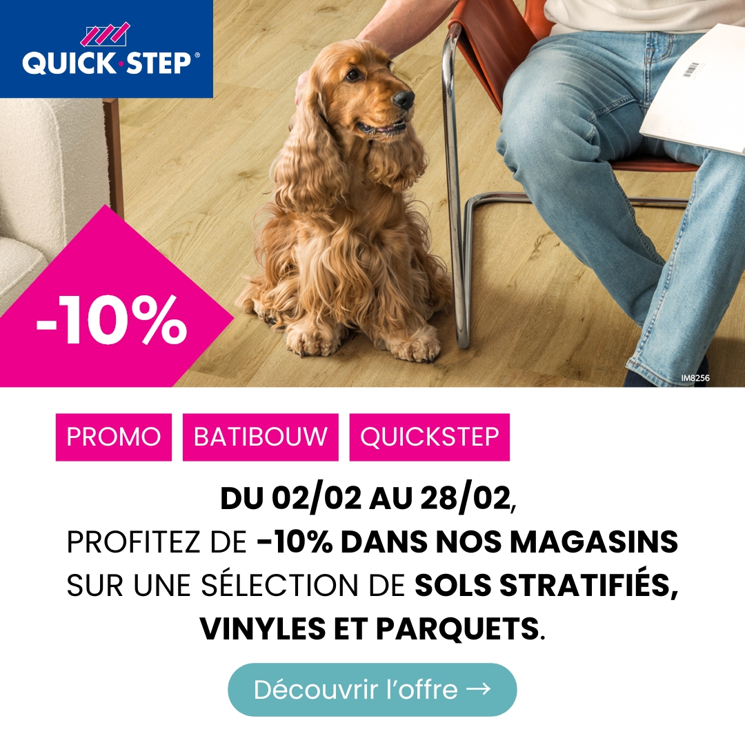 Du 02/02 au 28/02, profitez de -10% dans nos magasins sur une sélection de sols stratifiés, vinyles et parquets.